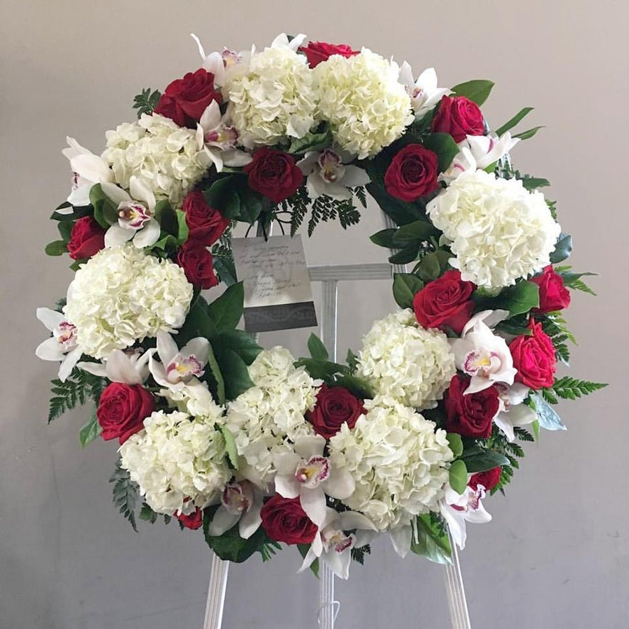 Red + White Wreath on Easel